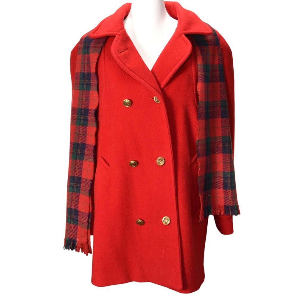 Westbound‎ Dillard's Red Wool Blend Pea Coat Plaid Scarf Size 8